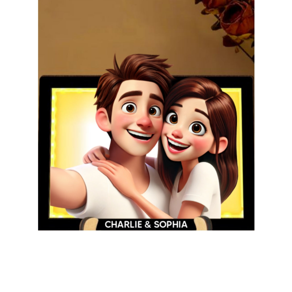 Embracing Hugging Couple Selfie Personalized 2-Layered Wooden Plaque With LED