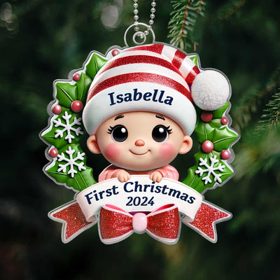 Baby's First Christmas Personalized Custom Shaped Acrylic Ornament, Baby In Christmas Wreath, Christmas in July