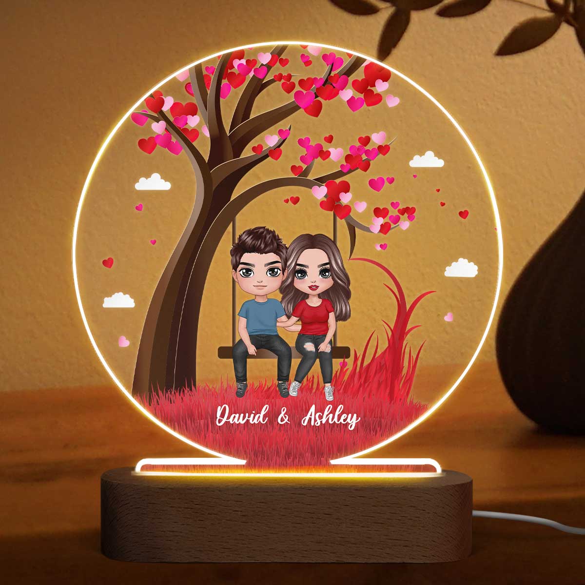 Hugging Couple Heart Tree Personalized Acrylic Circle LED Lamp Night Light