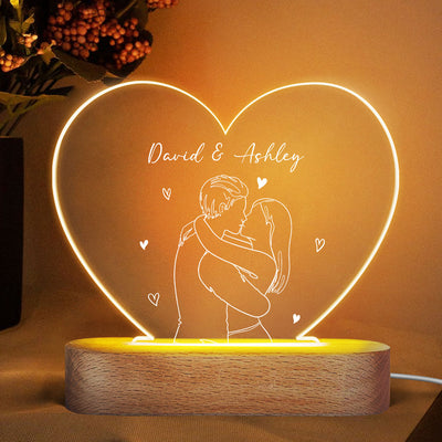 Couple Kissing Outline Personalized Heart Plaque LED Night Light, Acrylic LED Lamp, Valentine‘s Day Gift For Him, For Her