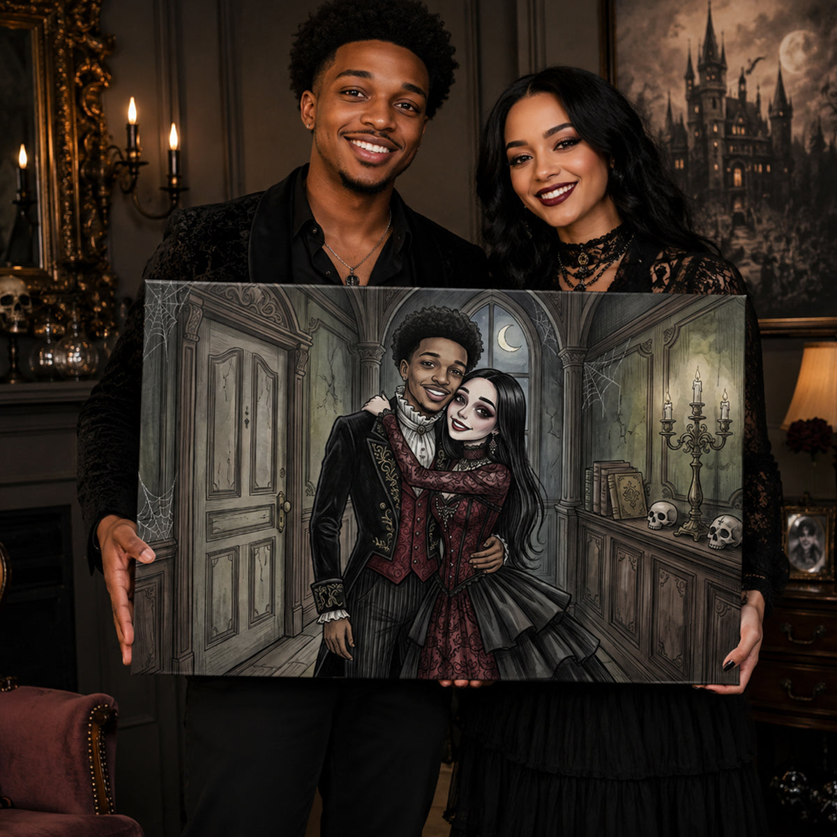 Custom Gothic Couple Portrait from Photo - Personalized Canvas - Halloween Decor, Anniversary Gift for Her, for Him