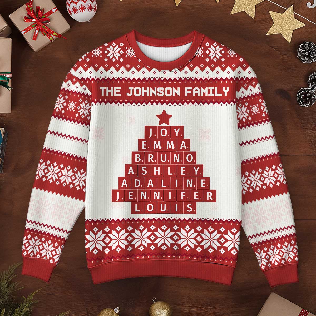 Unique Word Art Family Member Names Personalized Faux Knitting Ugly Sweater