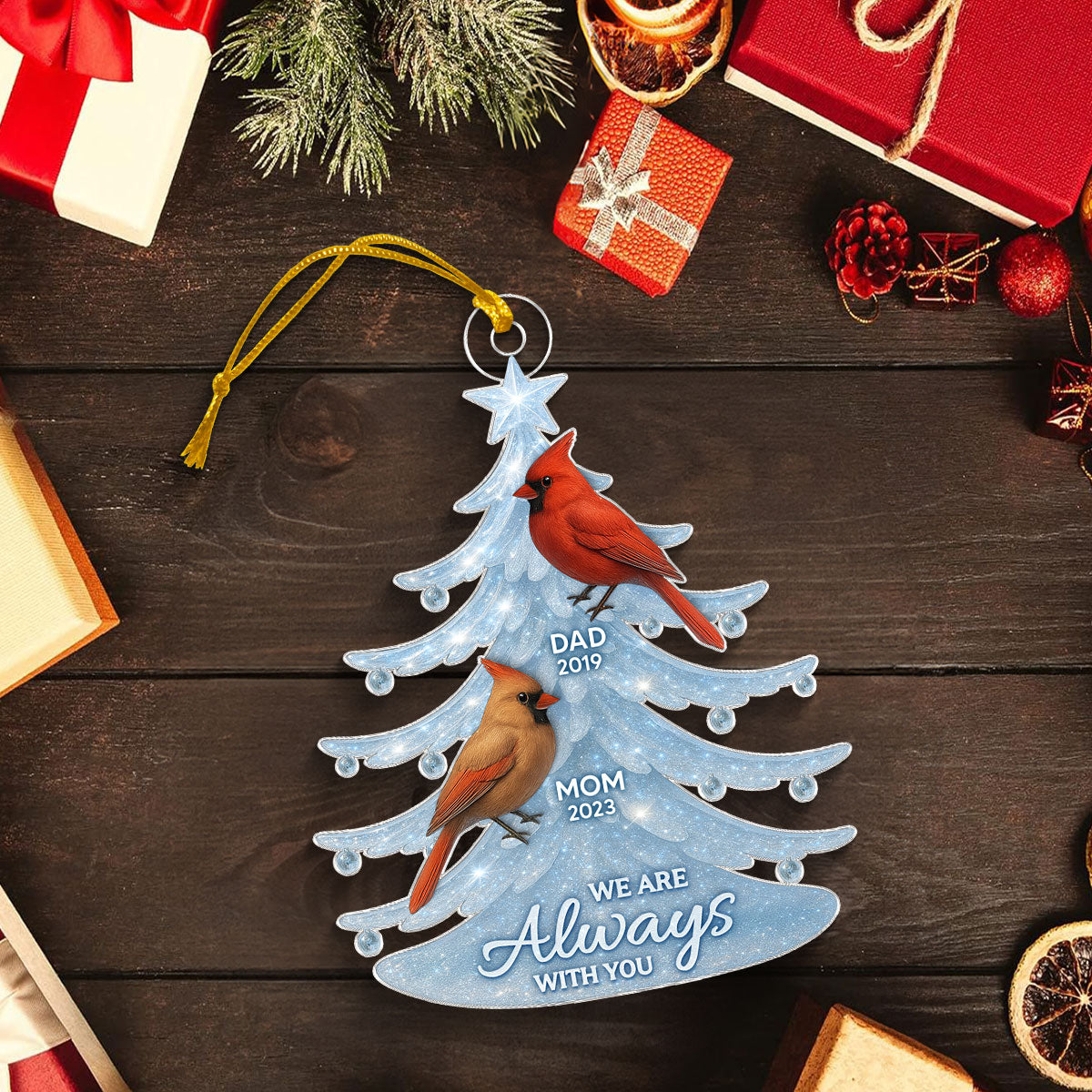 Crystal Christmas Tree Cardinals 3D Effect Personalized Acrylic Ornament, Heartwarming Memorial Sympathy Gift