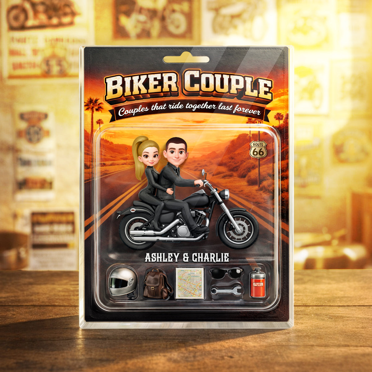 Couples That Ride Together Last Forever Sunset, Custom Action Figure Biker Couple - Personalized Acrylic Block Plaque - Heartfelt Gift for Him, for Her
