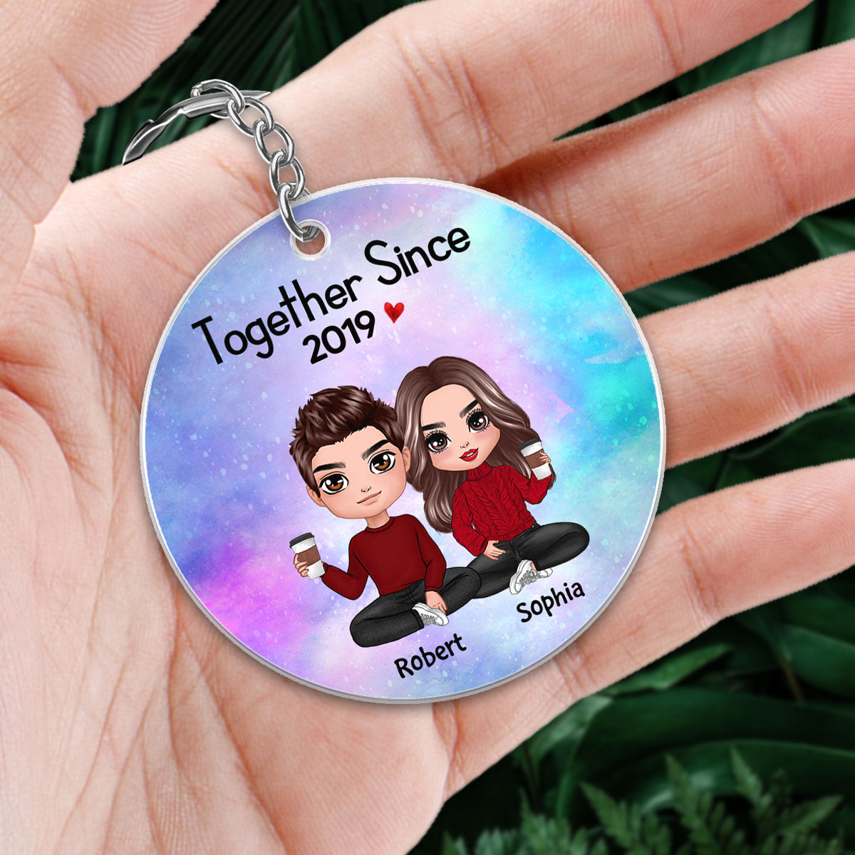 Doll Couple Sitting Together Since Favorite Song Scannable QR Code Personalized Circle Acrylic Keychain