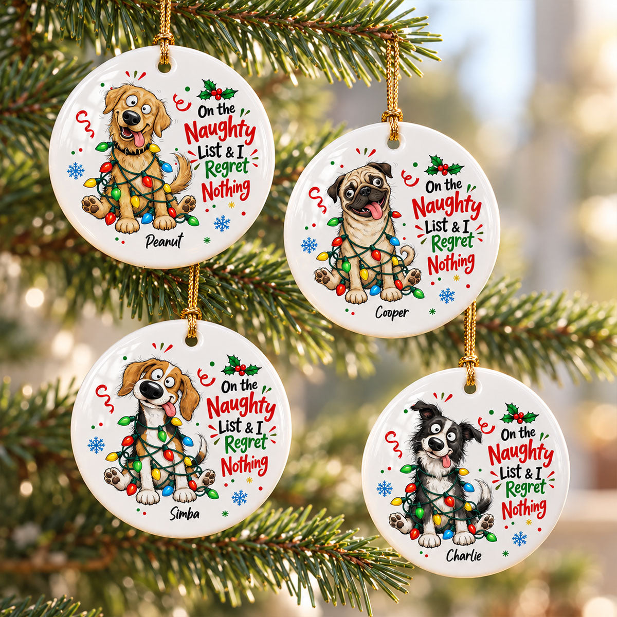 On The Naughty List Regret Nothing Quirky Dog Portrait From Your Custom Pet Photo - Personalized Ceramic Ornament - Funny Christmas Gift For Dog Lover