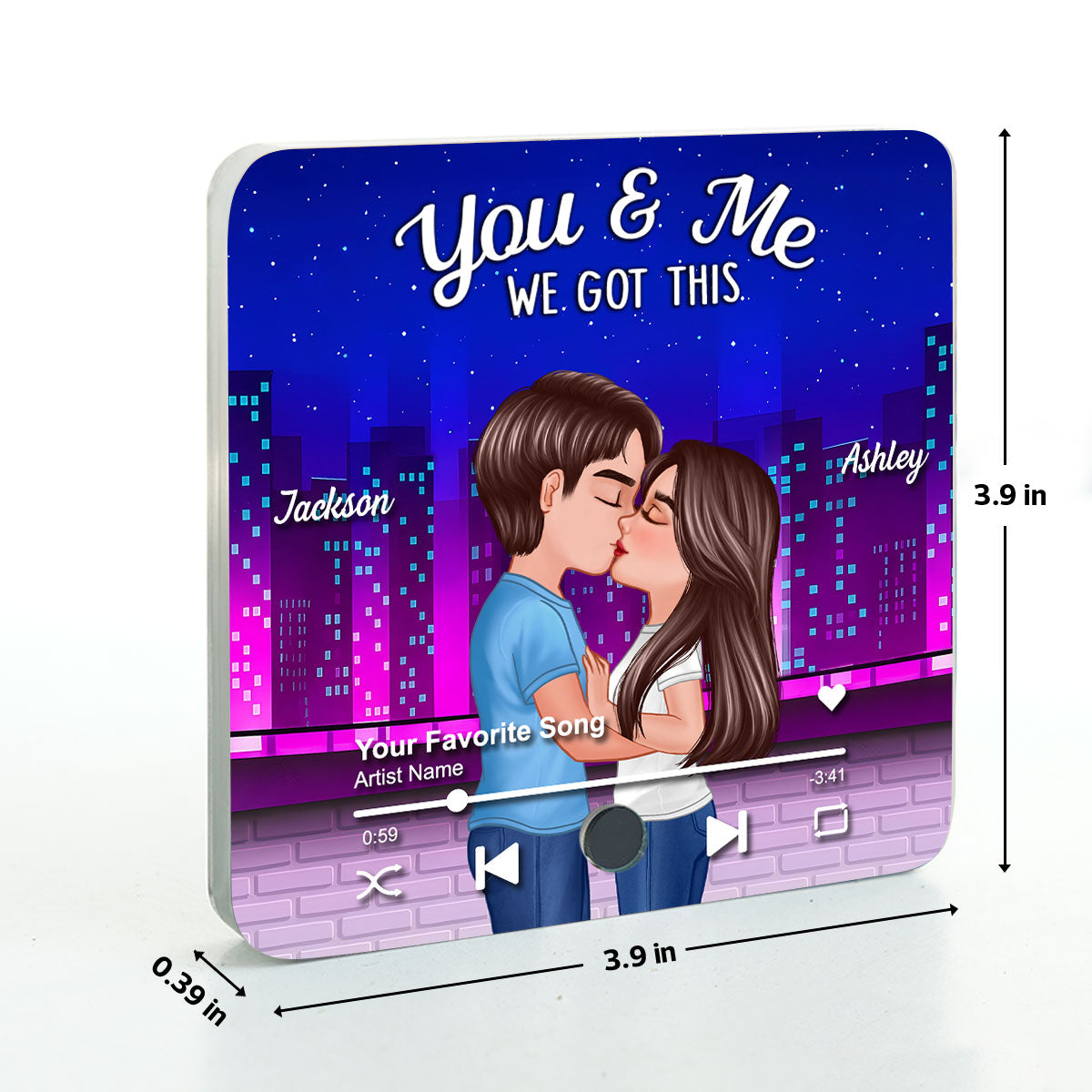 Couple Kissing Neon City Night Skyline Personalized Music Magnet, Anniversary gift for him, for her