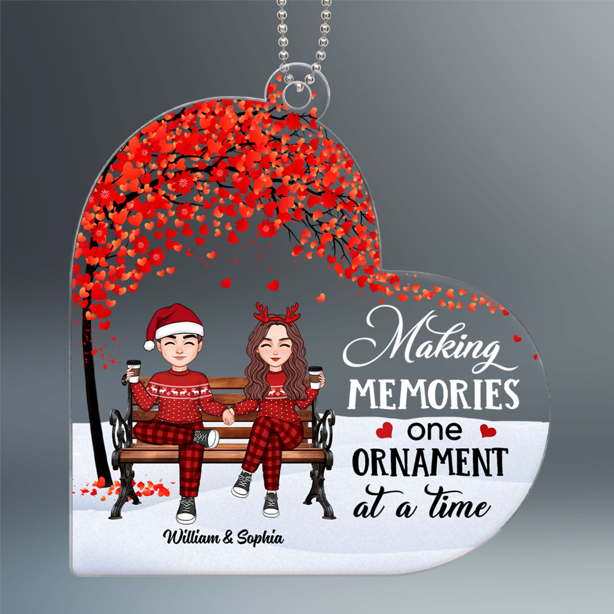 Cute Couple Sitting Under Tree Personalized Heart Shaped Acrylic Ornament