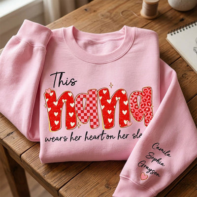 This Nana Wears Heart On Her Sleeve Preppy Pattern - Personalized Sleeve Printed Sweatshirt - Mother's Day Gift For Grandma