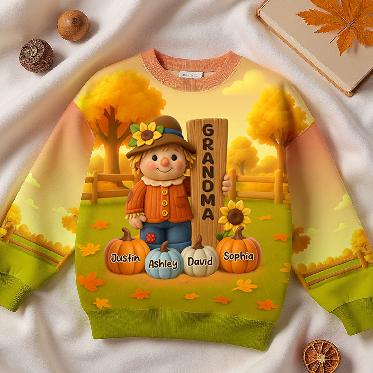 Grandma Scarecrow Standing Grandkids Pumpkins 3D Effect Personalized Sweatshirt