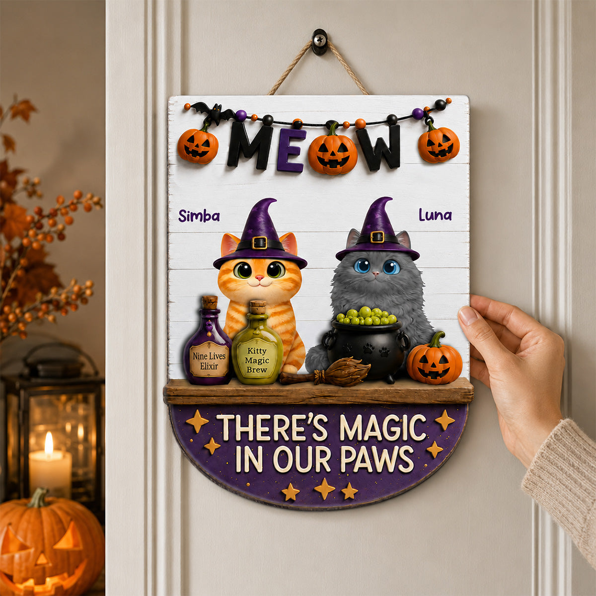 There's Magic In Cat Paws - Personalized Door Hanger - Halloween Decoration