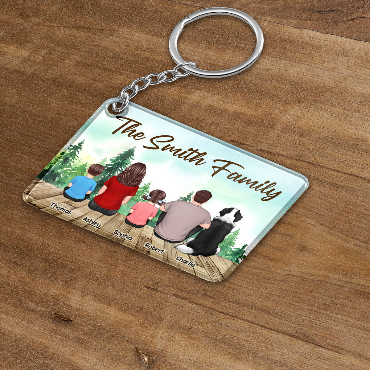 Whole Back View Family Couple Dad Mom Kids Dogs Cats Sitting Forest Personalized Acrylic Keychain