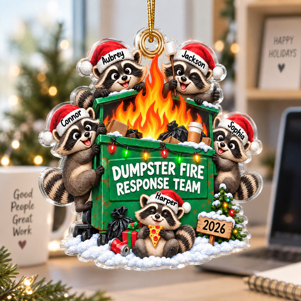 Funny Raccoons Dumpster Fire Response Team - Personalized Acrylic Ornament - Funny Gift For Coworkers, Work Besties, Colleagues