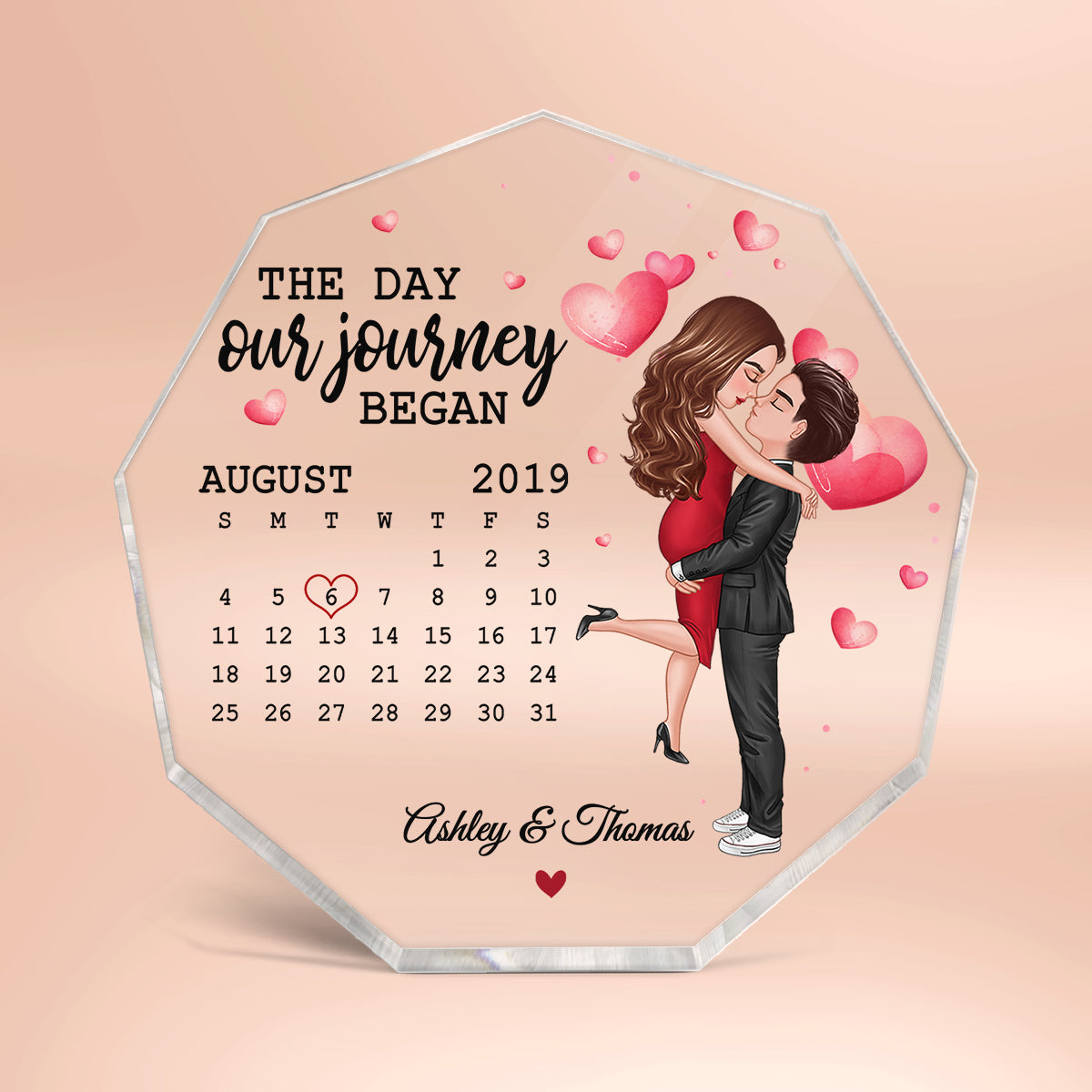 Doll Couple Hugging Kissing Calendar Anniversary Date Personalized Acrylic Nonagon Plaque