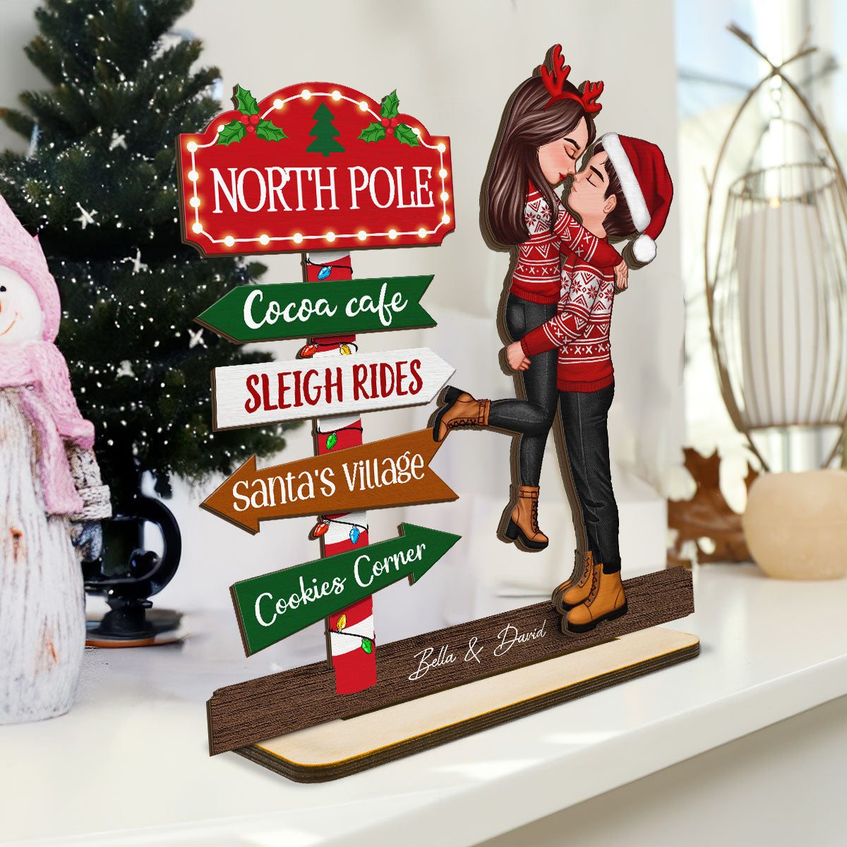 Couple Hugging North Pole Sign Christmas Decor Personalized 2-Layer Standing Wooden Plaque