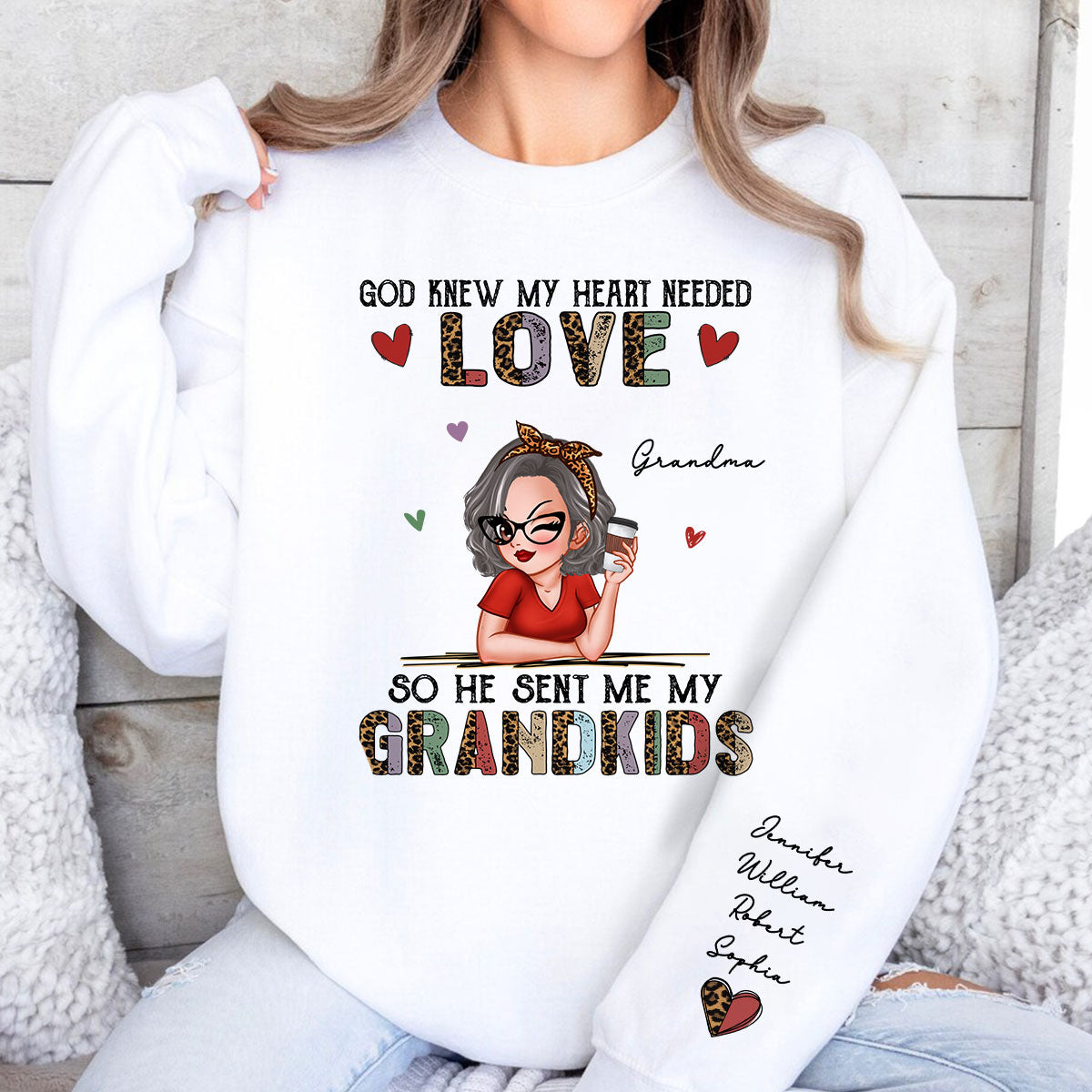Colorful Half Leopard Love Grandkids Personalized Sleeve Printed Sweatshirt