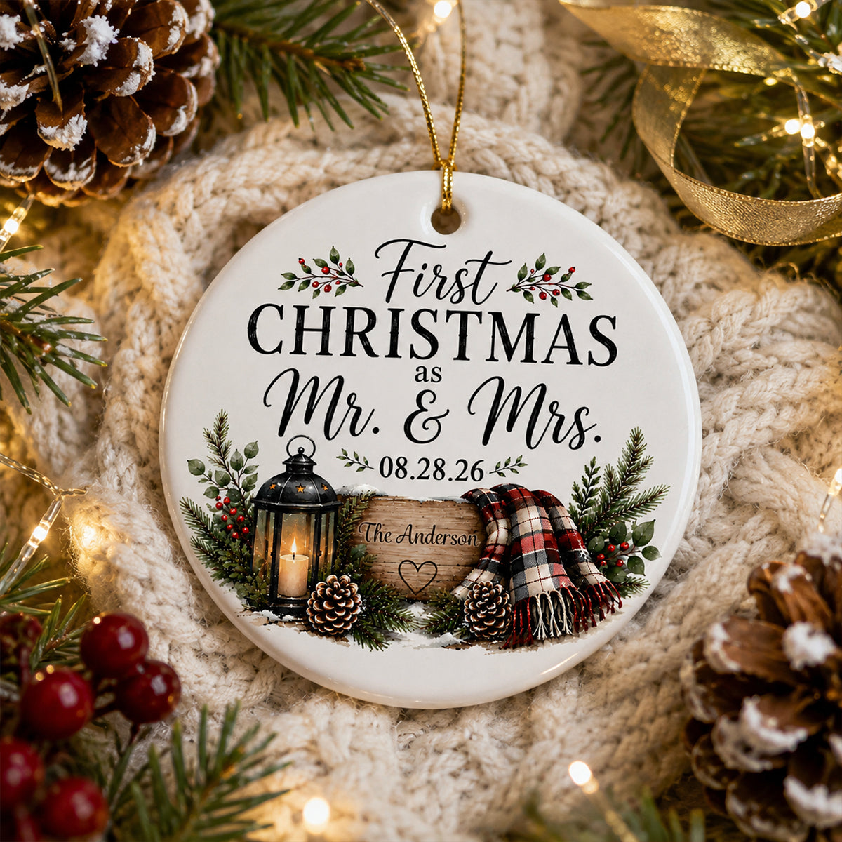 First Christmas as Mr & Mrs - Personalized Ceramic Ornament - Newlywed Rustic Gift, Heartfelt Christmas Keepsake