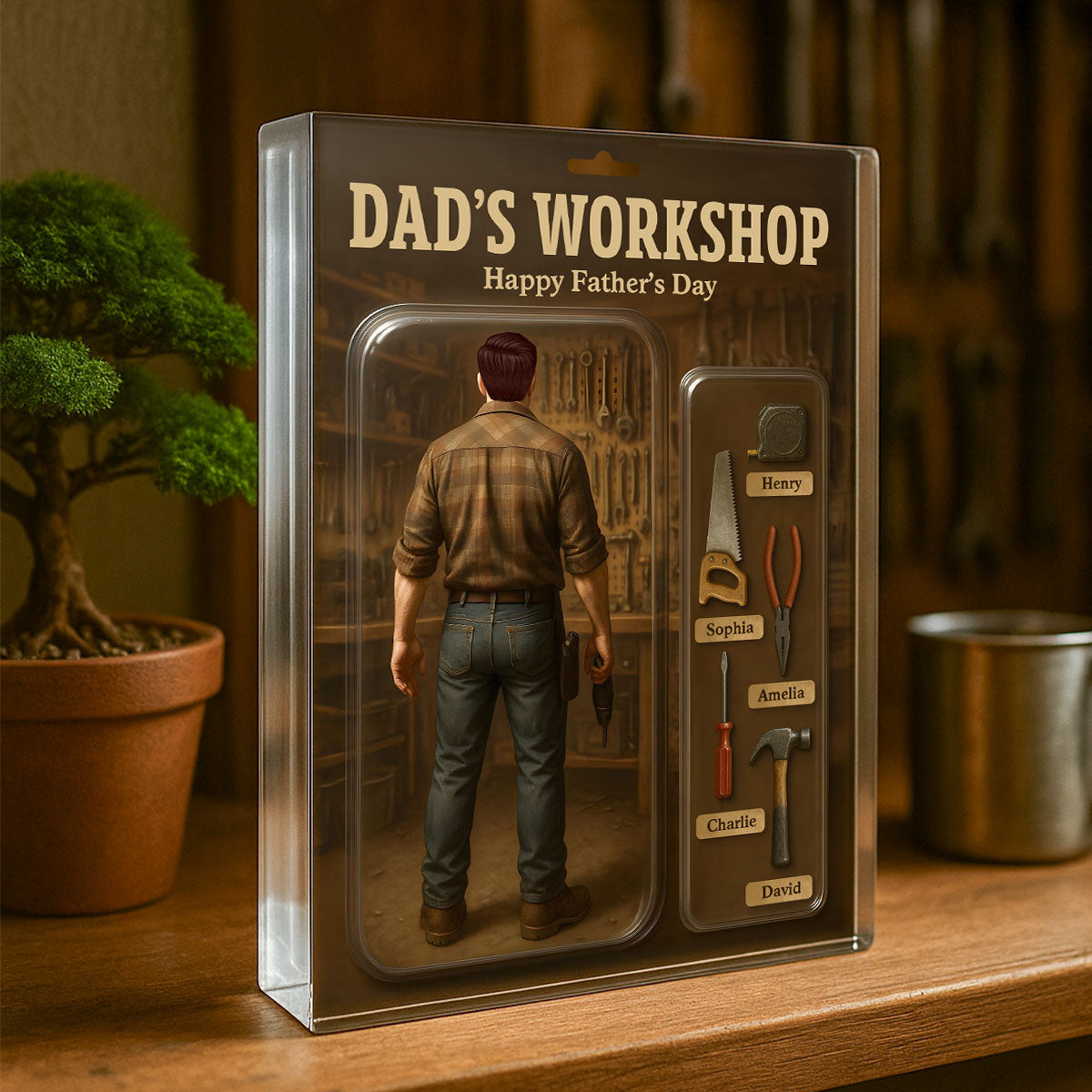 Dad's Workshop With Kids' Names Grandpa's Workshop Custom Figure Personalized Acrylic Block Plaque, Unique Father's Day Gift For Him, For Dad, For Grandpa
