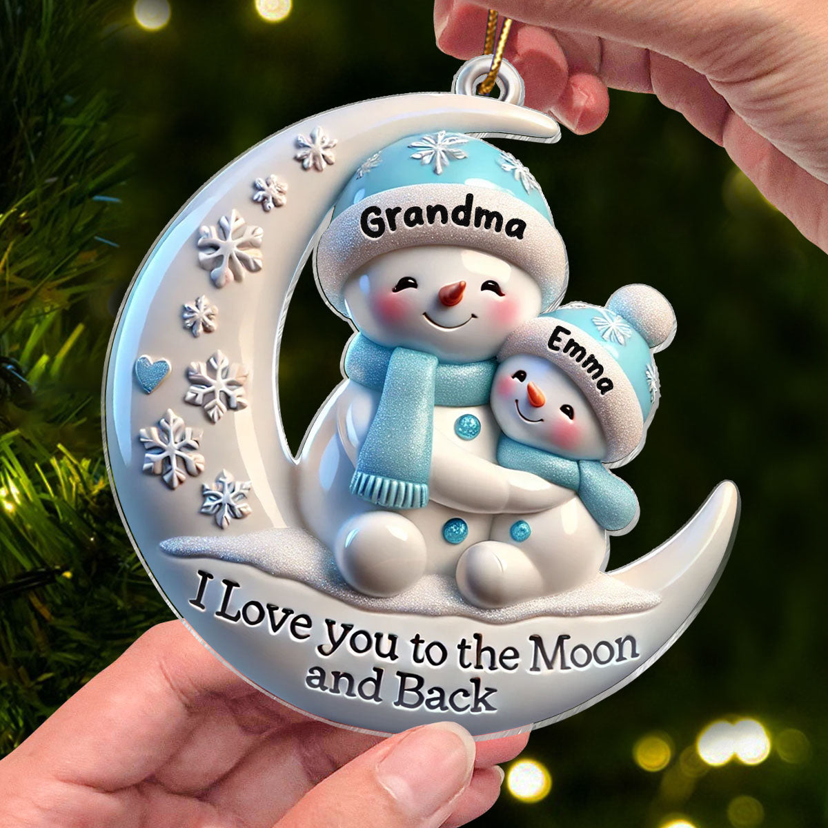 3D Effect Cute Snowmen Grandma & Hugging Grandkid On The Moon Personalized Acrylic Ornament, Christmas Gift For Granddaughter, Grandson