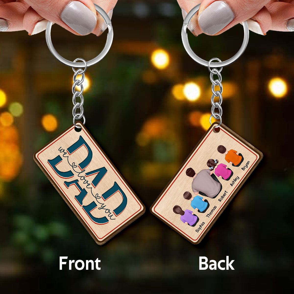 Dad We Love You Retro Red Blue Back View Man & Kids Dog Cat Personalized Wooden Keychain