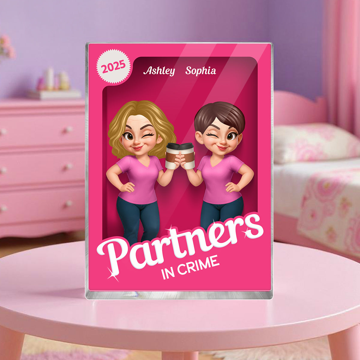 Besties Forever Pink Action Figure 3D Effect Personalized Acrylic Block, Meaningful Gift For Best Friend