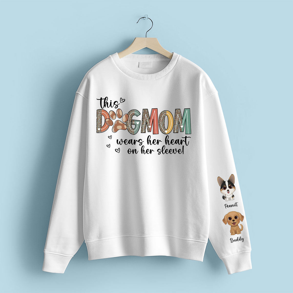 Dog Mom Wears Her Heart On Her Sleeve, Watercolor Cute Dog, Gift For Dog Mom, Personalized Sleeve Printed Sweatshirt