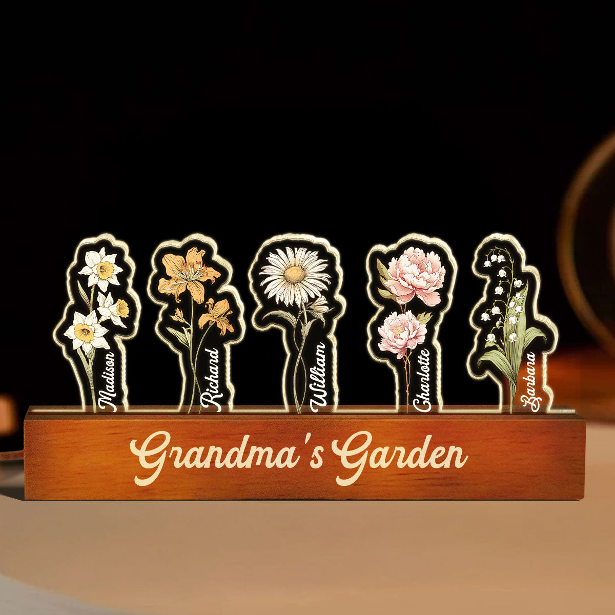 Customized Birth Month Flower 3D LED Night Light, Grandma Garden With Kids Name Gifts, Gift From Grandkids, Nana Gifts