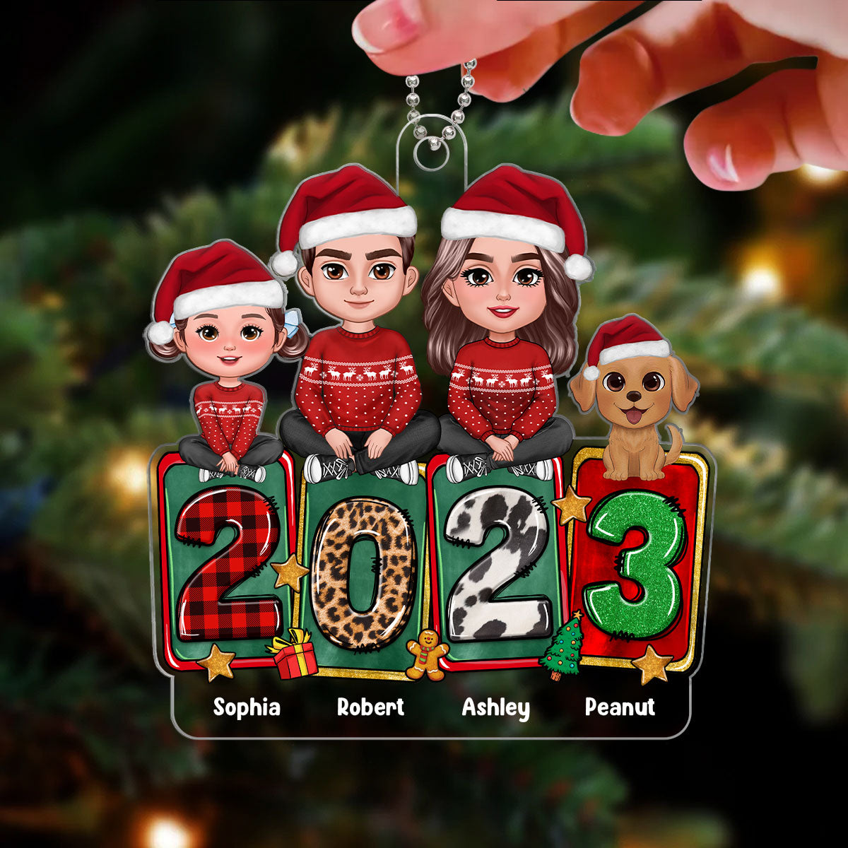 Family Dad Mom Kids Dogs Cats Crossed Legs Sitting On 2023 Blocks Personalized Acrylic Ornament