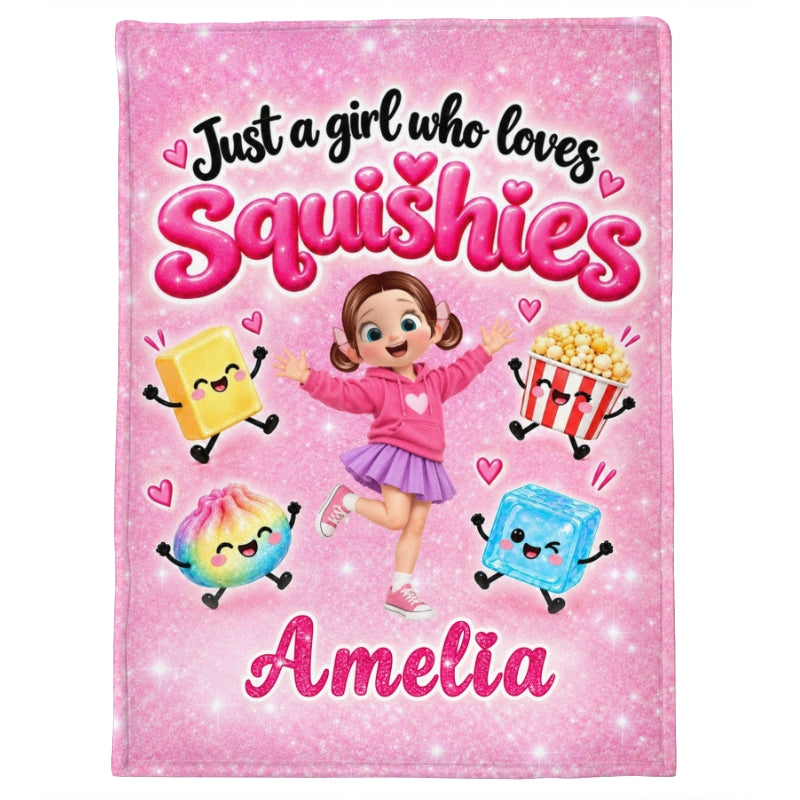 Cute Girl Loves Squishies - Personalized Fleece Blanket - Gift For Daughter, Granddaughter