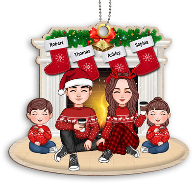 Cute Doll Family Dad Mom Kid Dog Cat Sitting At Fireplace Personalized Wooden Ornament