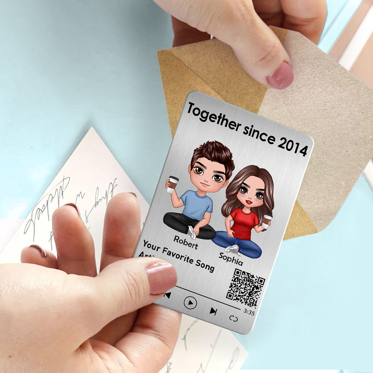 Doll Couple Sitting Together Since Favorite Song Scannable QR Code Personalized Metal Wallet Card