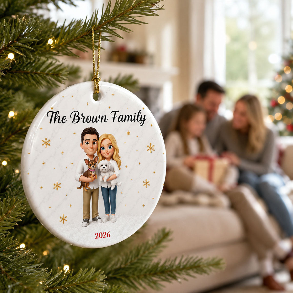 Cartoon Family Portrait From Photo 2D Flat - Personalized Ceramic Ornament - Christmas Keepsake