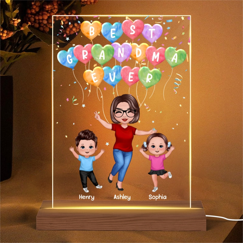 Happy Doll Grandma Grandkids Colorful Balloons Personalized Rectangle Acrylic LED Night Light