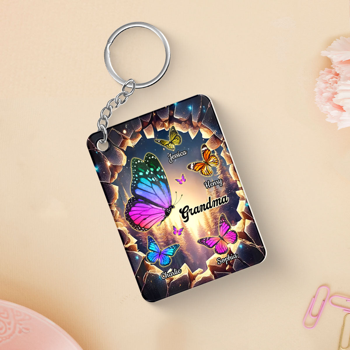 Grandma Grandkids Butterflies Names 3D Hole Personalized Acrylic Keychain