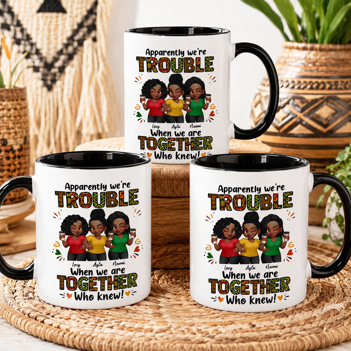 Tribal Pattern Besties Trouble Together - Personalized Mug - Birthday Gift, Gift For Best Friends