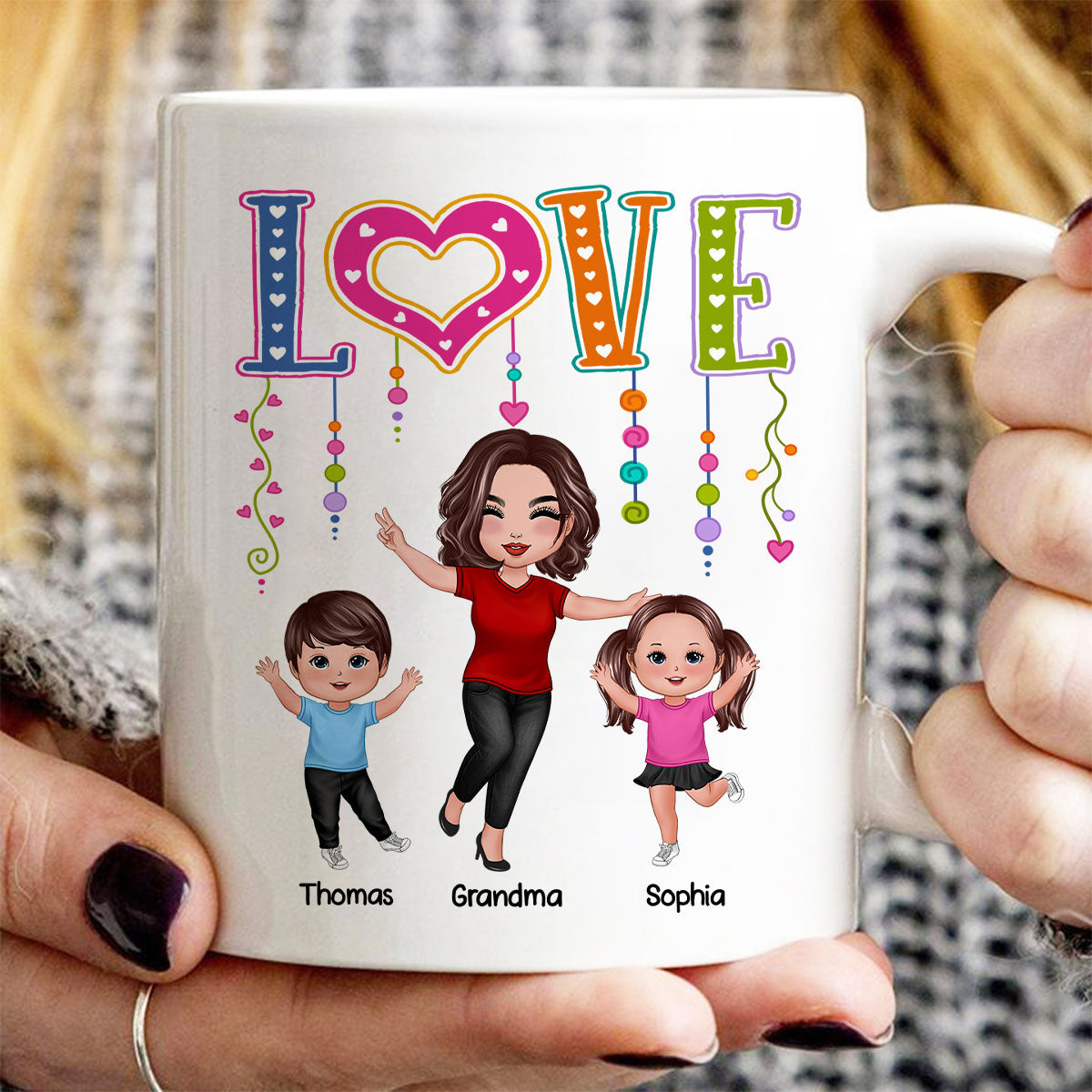 LOVE Happy Doll Grandma Mom With Kids Personalized Mug