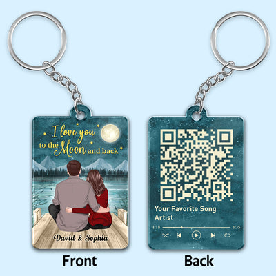 Back View Couple Sitting On Bridge I Love You To The Moon And Back Favorite Song Scannable QR Code Personalized Acrylic Keychain