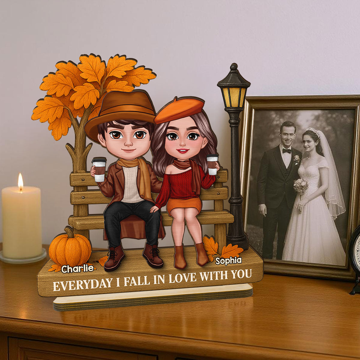 3D Effect Fall Season Couple Sitting On The Bench Personalized 2-Layer Standing Wooden Plaque