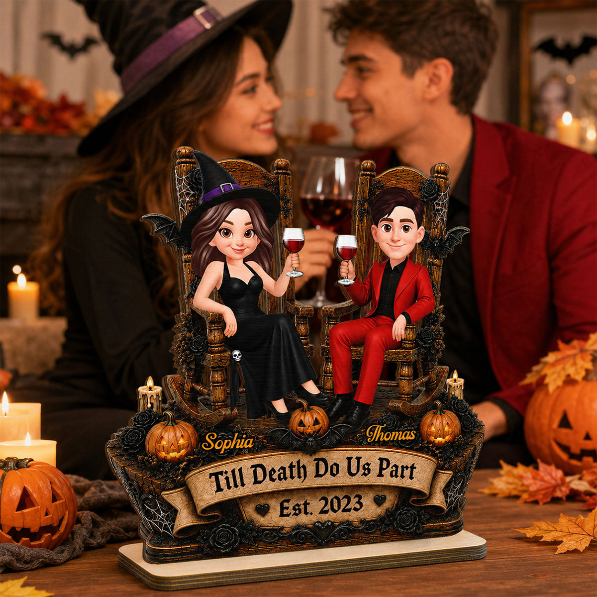 Trending Halloween Couple Sitting - Personalized 2-Layered Wooden Plaque - Halloween Decoration For Couple