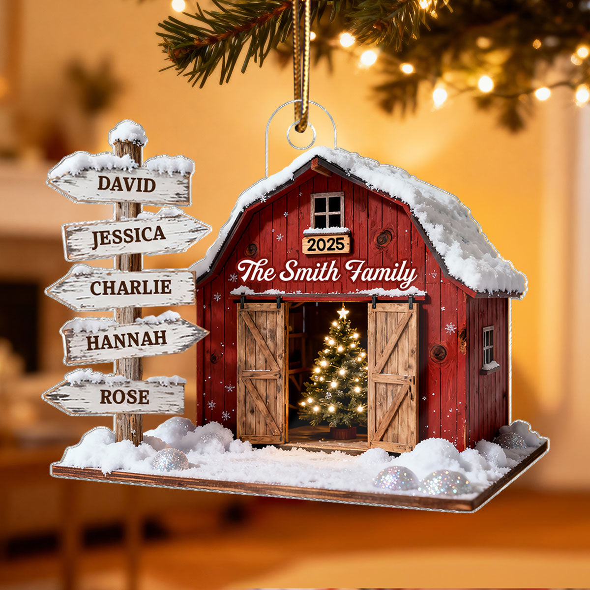 3D Effect Christmas Flat Nostalgia Barn House Family Sign Posts - Personalized Acrylic Ornament - Gift For Family, Farmhouse Decor