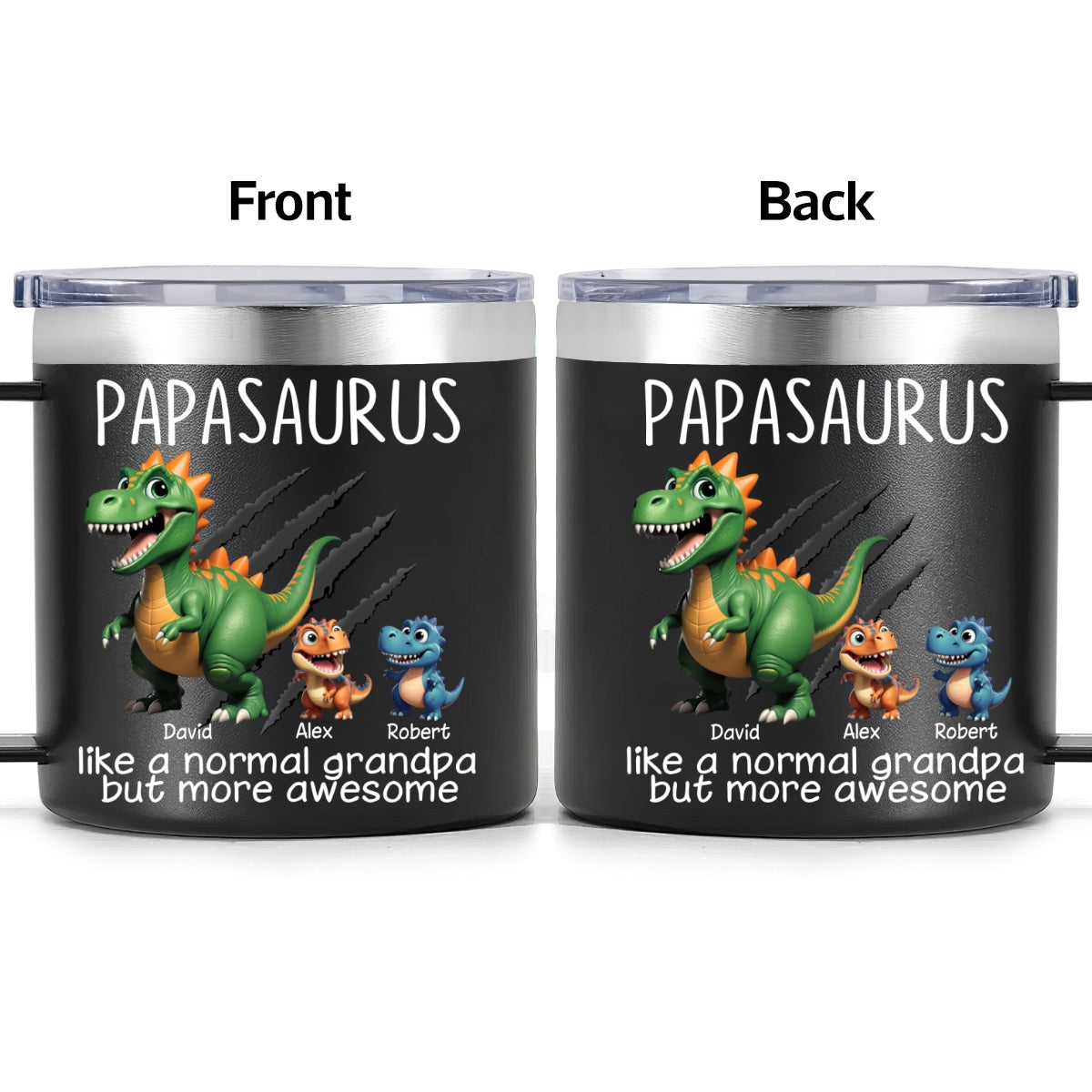 Grandpasaurus And Kids 3D Effect Dinosaurs Personalized Stainless Steel Tumbler With Handle, Father's Day Gift For Grandpa