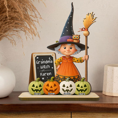 Grandma Witch Personalized Standing Wooden Plaque, Halloween Jack-o'-lantern Decor for Grandma