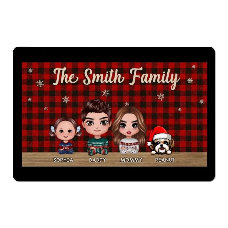 Doll Family Dad Mom Kids Dogs Cats Checkered Pattern Christmas Personalized Doormat