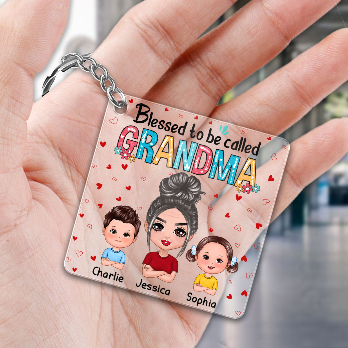 Blessed To Be Called Grandma Heart Doll Grandma Grandkids Personalized Acrylic Keychain