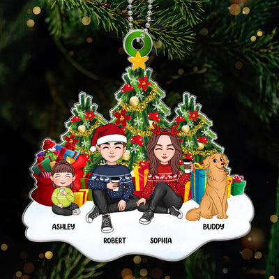 Cute Family Dad Mom Kids Dogs Cats Sitting At Christmas Tree Personalized Acrylic Ornament