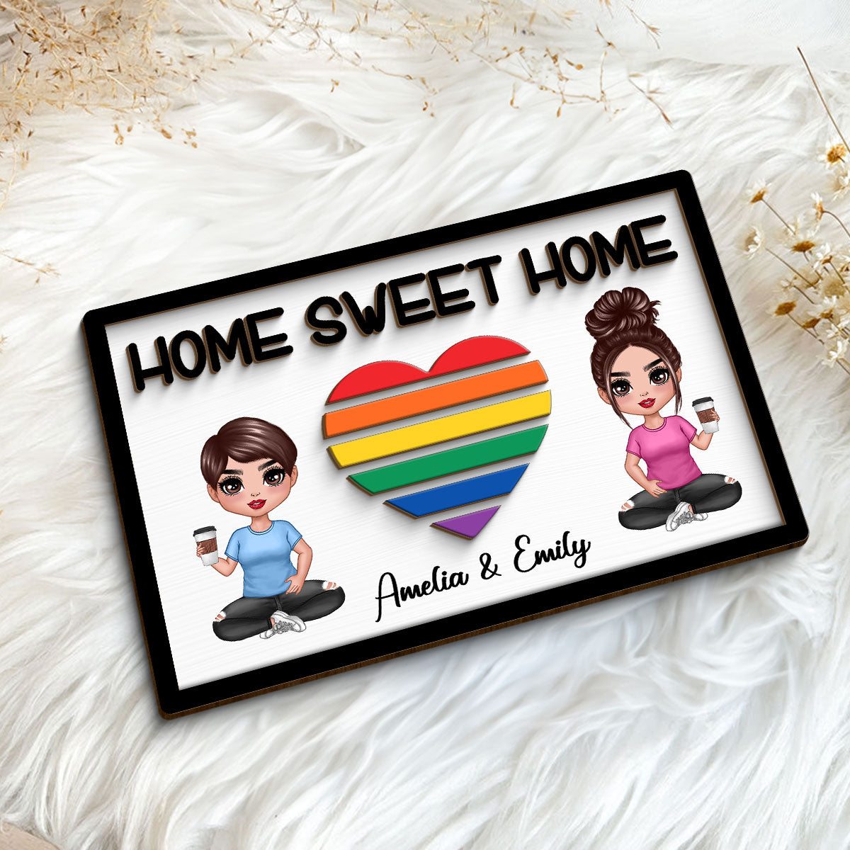 Home Sweet Home LGBT Couple Personalized 2-layer Wooden Plaque