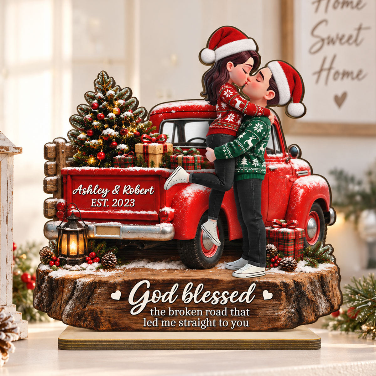 Eternal Love Couple God Blessed Broken Road Led Me Straight To You - Personalized 2-Layered Wooden Plaque - Christmas Gift, Anniversary Gift For Couple, For Him, For Her, Christmas Tabletop Decor