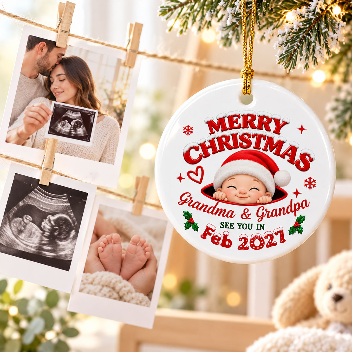 Merry Christmas Grandma & Grandpa - Personalized Ceramic Ornament - Pregnancy Announcement, Christmas Gift For Grandparents, Grandma, Grandpa, Expecting Grandparents