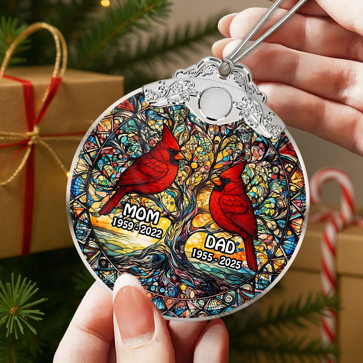 Tree Of Life Cardinal Mom Dad Stained Glass Effect - Personalized Glass Ornament With Silver Cap - Christmas Memorial Keepsake For Family