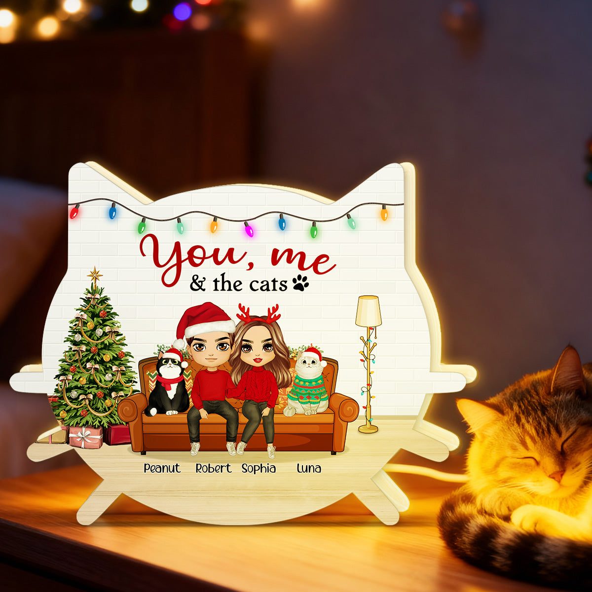 Christmas Couple You And Me And The Cats - Personalized Light Box - Gift For Cat Lovers